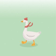 A fashionable goose in a hat and scarf walking under the snow (in vector)