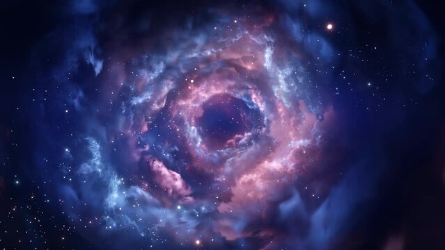 A vibrant nebula with swirling clouds of purple and blue gases and scattered stars, evoking the grandeur of the cosmos.