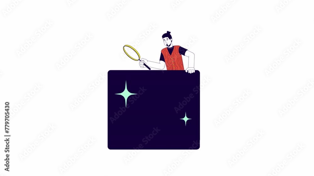Poster male analyst researching data block line 2d character animation. bearded man using loupe flat color 