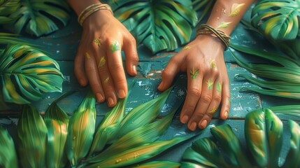  hands making crafts out of palm leaves, a common activity for children on Palm Sunday.