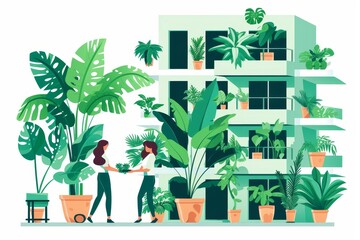 Fototapeta premium Illustration of woman with houseplants in concept of urban jungle in minimalist flat style. Exchange of green plants, sale of indoor flowers, space greening, love for nature, communication