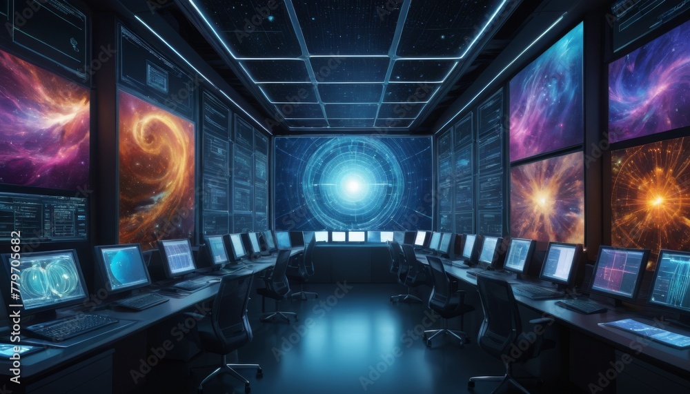 Poster an advanced command center with numerous screens displaying cosmic images, offering an immersive spa