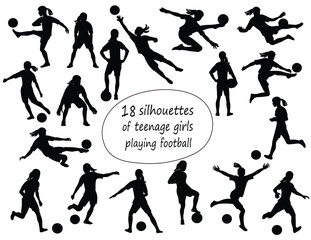 18 black silhouettes of teenage girl women's football players and goalkeepers standing, running, hitting the ball, jumping