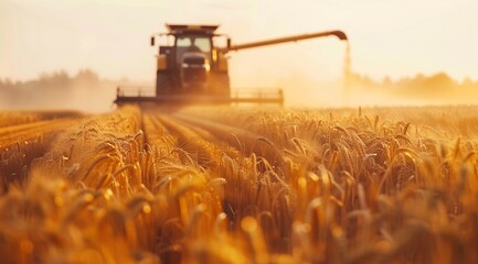 Fototapeta premium A photo of an open field with golden wheat swaying in the wind, and a modern harvester harvesting it