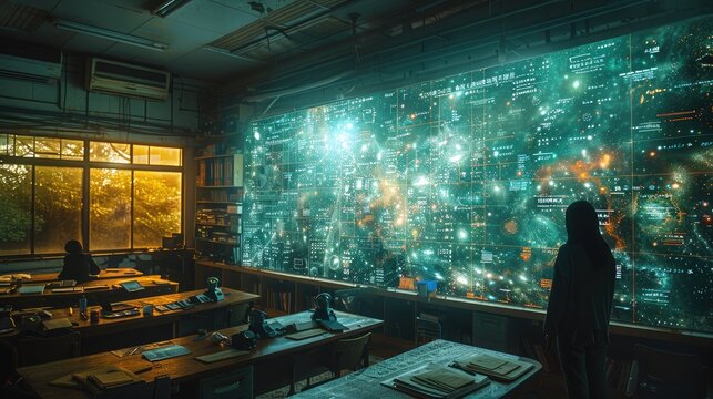 Through the lens of a double exposure, the evolution of teaching methods is showcased: traditional blackboards merge with modern digital screens, symbolizing the adaptability of educators.