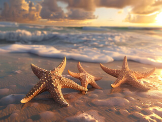 Starfish on shoreline with sunset over tropical horizon - Ai Generated