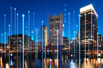 Boston cityscape at night with futuristic digital hologram, featuring arrows and binary code,...