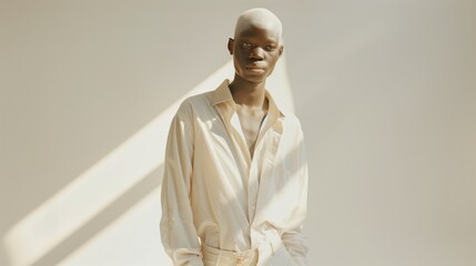 A person posing in stylish attire with a serene expression in soft lighting.