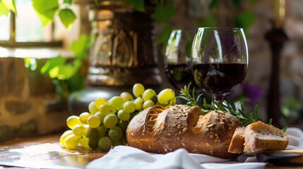 An image of a communion service taking place on Palm Sunday, with a focus on the bread and wine