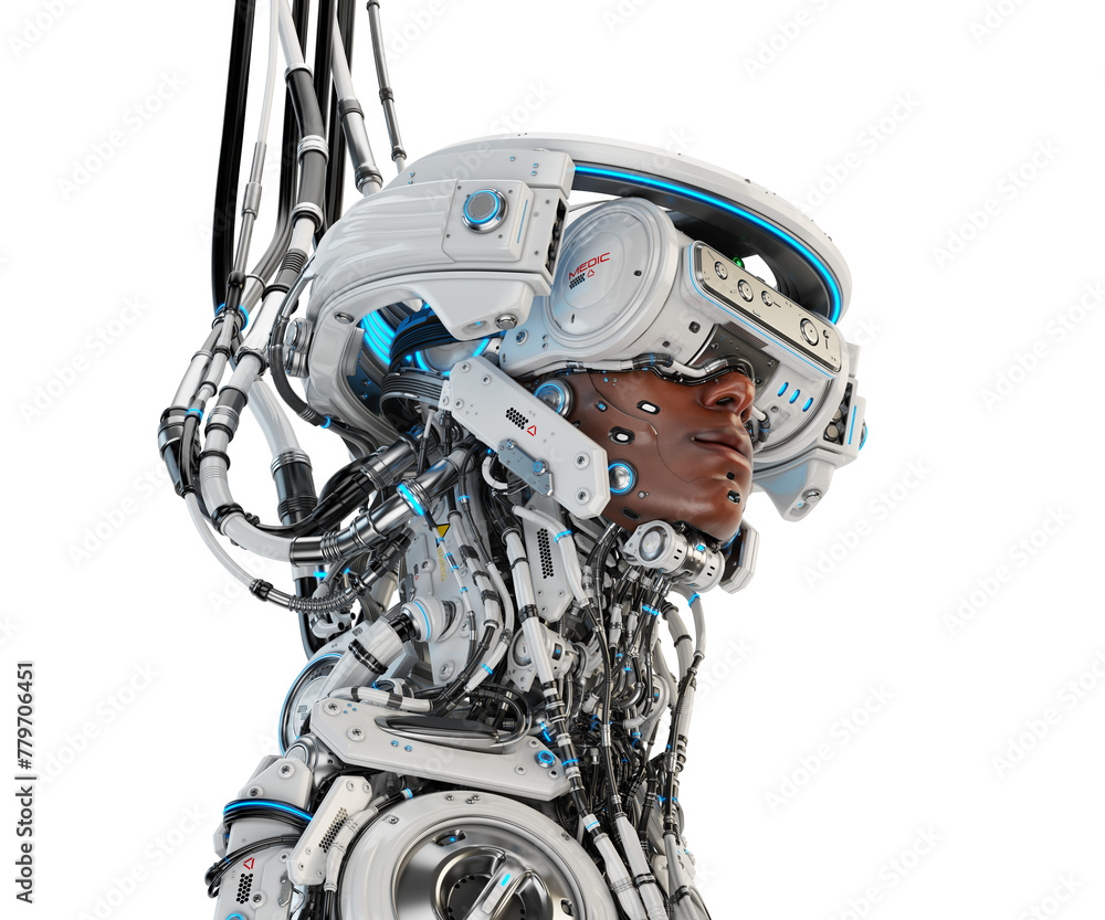Poster android augmented: cyborg figure with synthetic epidermis, visor, and futuristic halo linked by cabl