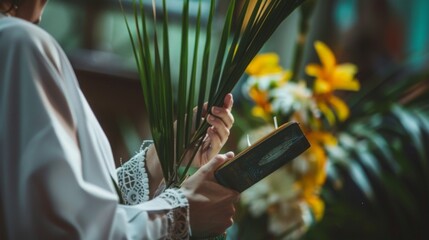An image of a person in quiet reflection or prayer on Palm Sunday, perhaps holding a palm branch or Bible