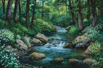 tranquil stream flowing through a green forest, illustration - obrazy, fototapety, plakaty