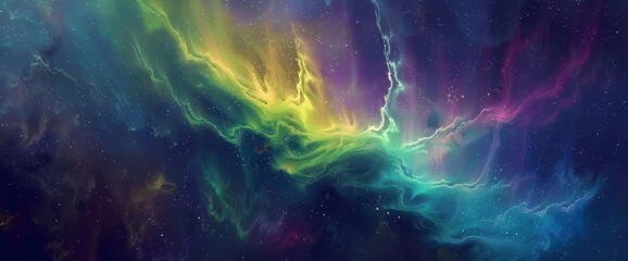 Liquid auroras shimmer and flicker, their neon hues painting the cosmic sky with a breathtaking display of ethereal beauty.