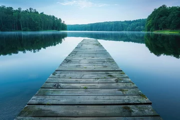 Raamstickers wooden dock extending out into a lake © Elena