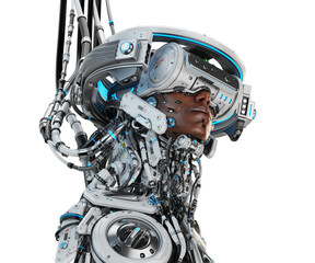 Android Augmented: Cyborg Figure with Synthetic Epidermis, Visor, and Futuristic Halo Linked by Cables, Illuminated by Electric Blue LEDs