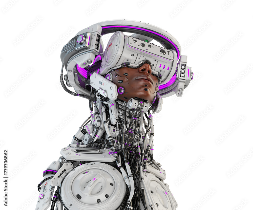 Poster android augmented: cyborg figure with synthetic epidermis, visor, and futuristic halo linked by cabl