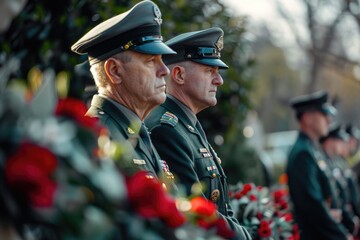 men in uniform standing for a minute of silence on memorial day - obrazy, fototapety, plakaty
