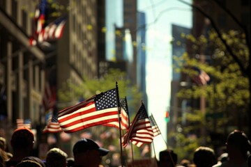 American flags waving in a city on memorial day