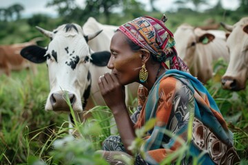 Portrait of an indigenous woman rancher taking care of her cows - obrazy, fototapety, plakaty
