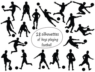18 black silhouettes of teenage boy football players and goalkeepers standing, running, hitting the ball, jumping
