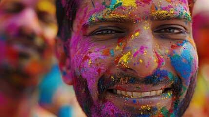 Close-up portraits of peoplea  faces covered in vibrant Holi colors. The joy and excitement of the festival are evident in their expressions
