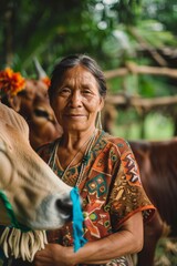 Portrait of an indigenous woman rancher taking care of her cows