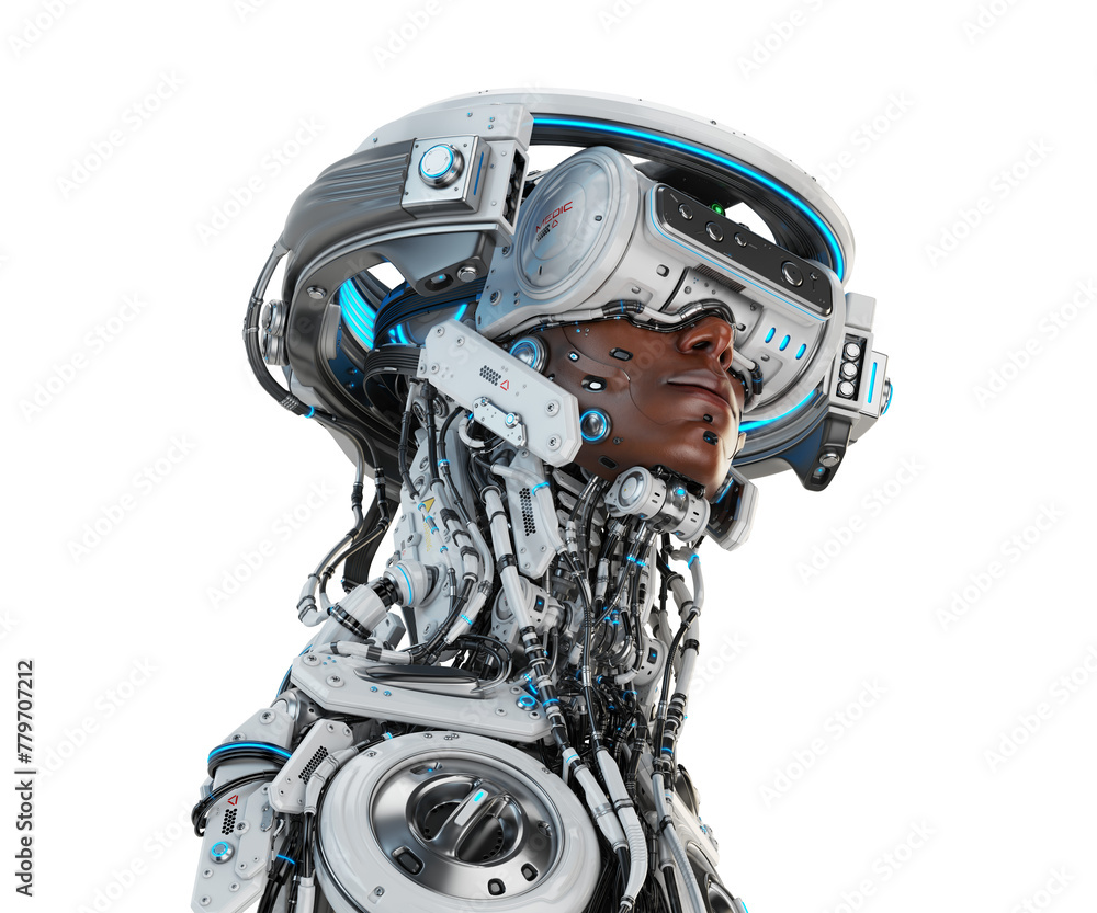 Poster android augmented: cyborg figure with synthetic epidermis, visor, and futuristic halo linked by cabl