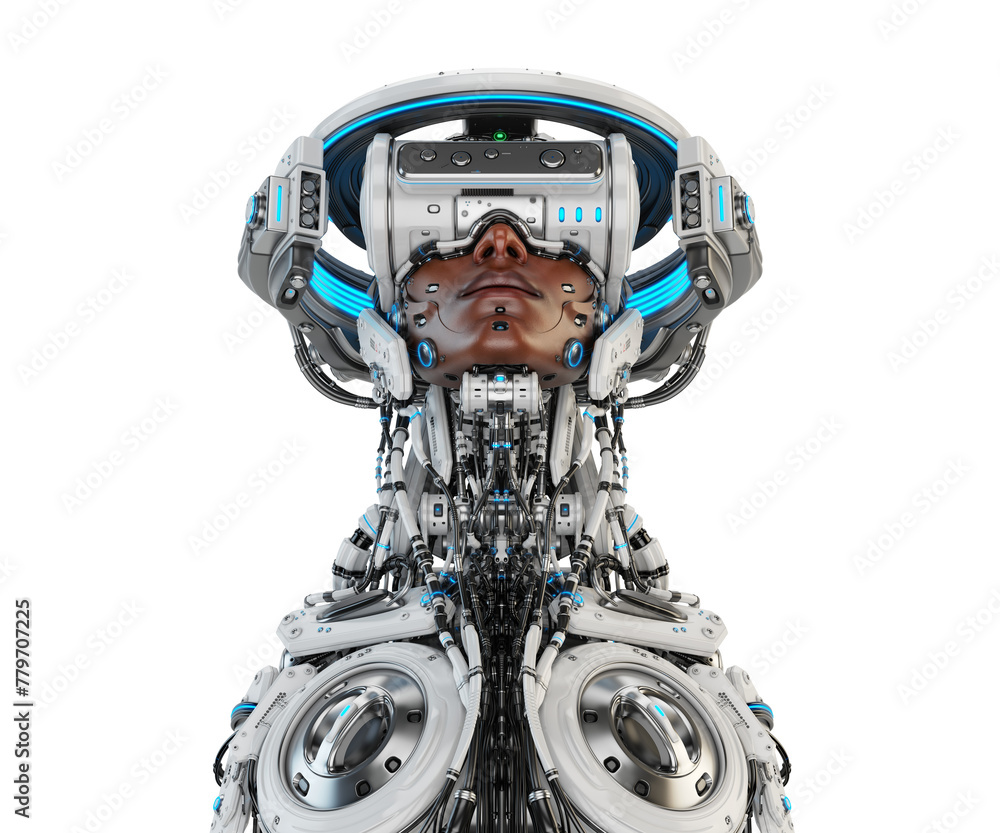Poster android augmented: cyborg figure with synthetic epidermis, visor, and futuristic halo linked by cabl