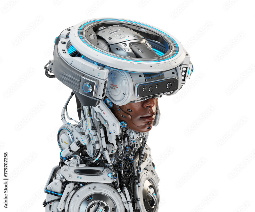 Poster android augmented: cyborg figure with synthetic epidermis, visor, and futuristic halo linked by cabl