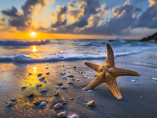 Fototapeta na wymiar Starfish on shoreline with sunset over tropical horizon - Ai Generated