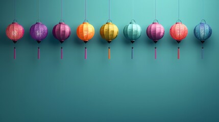 Colorful lanterns hanging at the top. Clear space at the bottom for text.