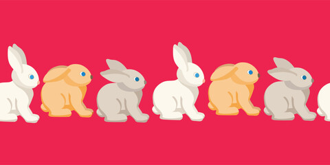 Seamless border of cute colored bunnies on a red background. Easter vector illustration for textile, packaging, print.