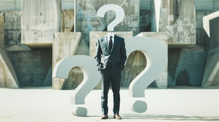 A person in a suit with a question mark instead of a head, symbolizing uncertainty.