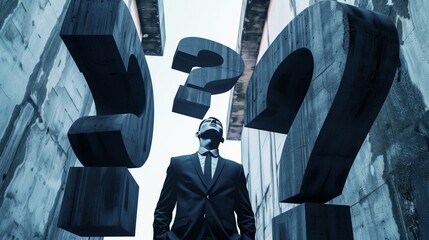 A man in a suit looking up at giant question marks around him. - obrazy, fototapety, plakaty
