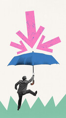 Contemporary art collage. Businessman considered large umbrella from pink arrows falling on him. Increases and decreases. Concept of business, investments, duties, deadlines.