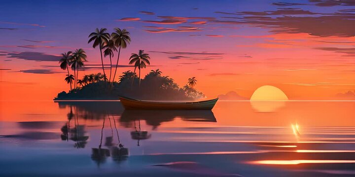 Digital art depicting a single canoe on still water reflecting a tropical dusk with palm trees 4K Video