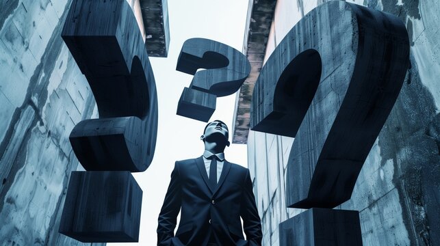 A man in a suit looking up at giant question marks around him.