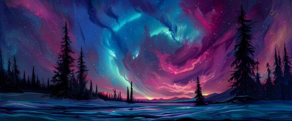 Liquid auroras shimmer and flicker, their neon hues painting the cosmic sky with a breathtaking...