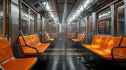 Deserted subway car with bright orange seats - Ai generated - obrazy, fototapety, plakaty