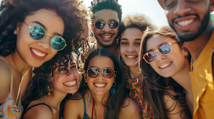 Photograph of diverse ethnicity group of young men and women at a music festival. Dancing. Having fun. Model photography.