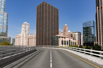 Empty urban asphalt road exterior with city buildings background. New modern highway concrete...