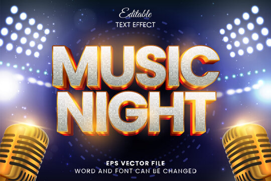 Music night neon glow retro vintage 3d editable vector text effect