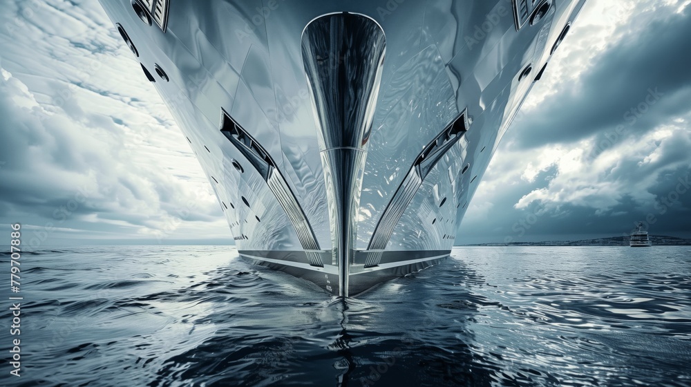 Wall mural a symmetrically mirrored image of a cruise ship on the water with cloudy skies.