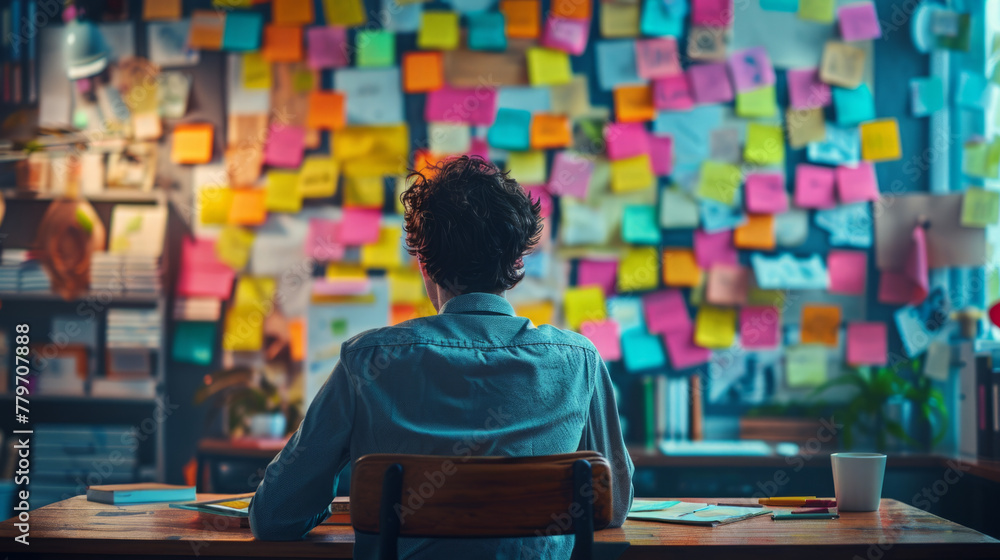 Aufkleber creative process, individual immersed in contemplation amid a backdrop of myriad brainstorming notes