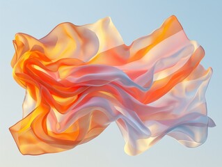 A piece of fabric with orange, white, and pink stripes. The fabric is hanging in the air, giving the impression of movement. The colors and the way the fabric is suspended create a sense of fluidity