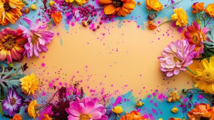 Flowers blooming with Holi colors at the top and bottom. Clear space in the middle for text.