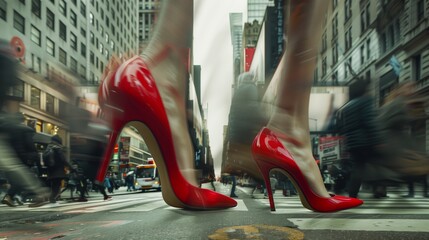 An artistic view of red high heels crossing a busy urban street.