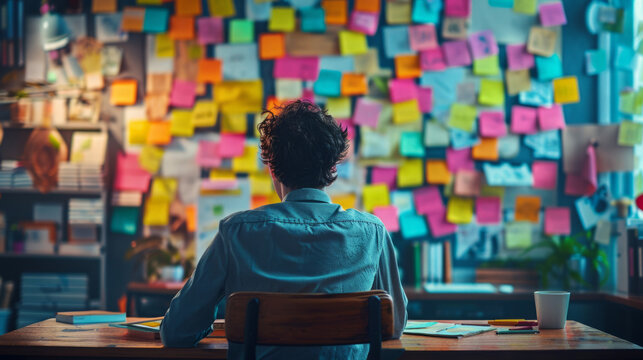 Creative Process, Individual immersed in contemplation amid a backdrop of myriad brainstorming notes.