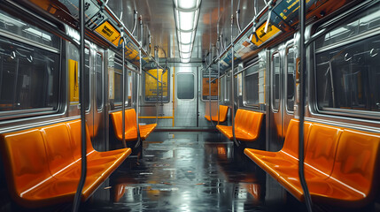 Deserted subway car with bright orange seats - Ai generated - obrazy, fototapety, plakaty