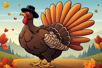 Gobble Galore: Animated Thanksgiving Turkey Character Takes a Festive Walk in Cartoon Illustration